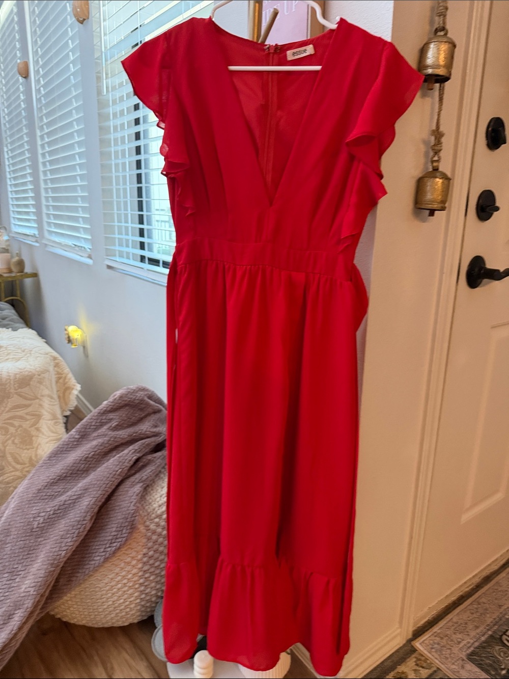 essue Bright Red V-Neck Ruffle Sleeve Midi Dress